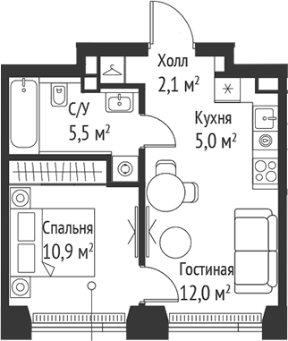 2-комн., 35.5 м², 25/59 этаж, ЖК «СЕТ»