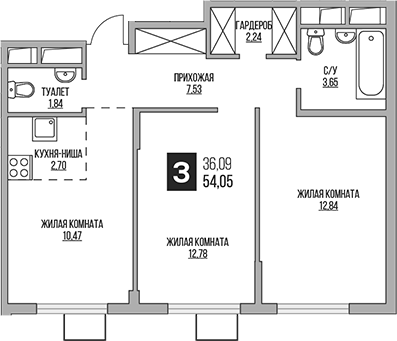 3-комн., 54.05 м², 14/14 этаж, ЖК «Гранель Аникеевский»