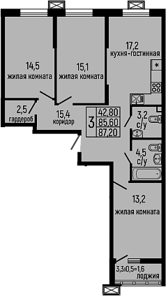 3-комн. квартира, 85.6 м² в ЖК Звезды — фото 2