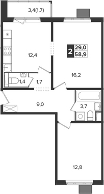 2-комн., 57.2 м², 21/21 этаж, ЖК «Южная Битца»