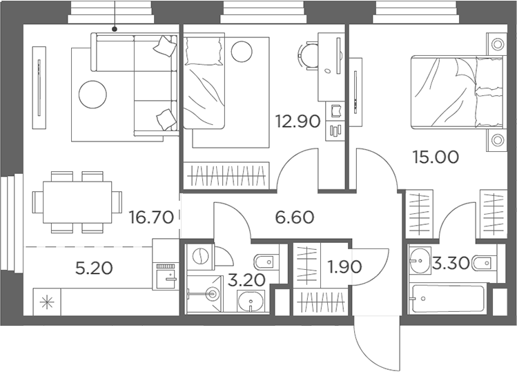 3-комн., 64.8 м², 2/20 этаж, ЖК «Белый Град»