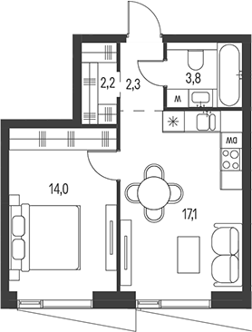 2-комн., 39.4 м², 22/34 этаж, ЖК «Моментс»