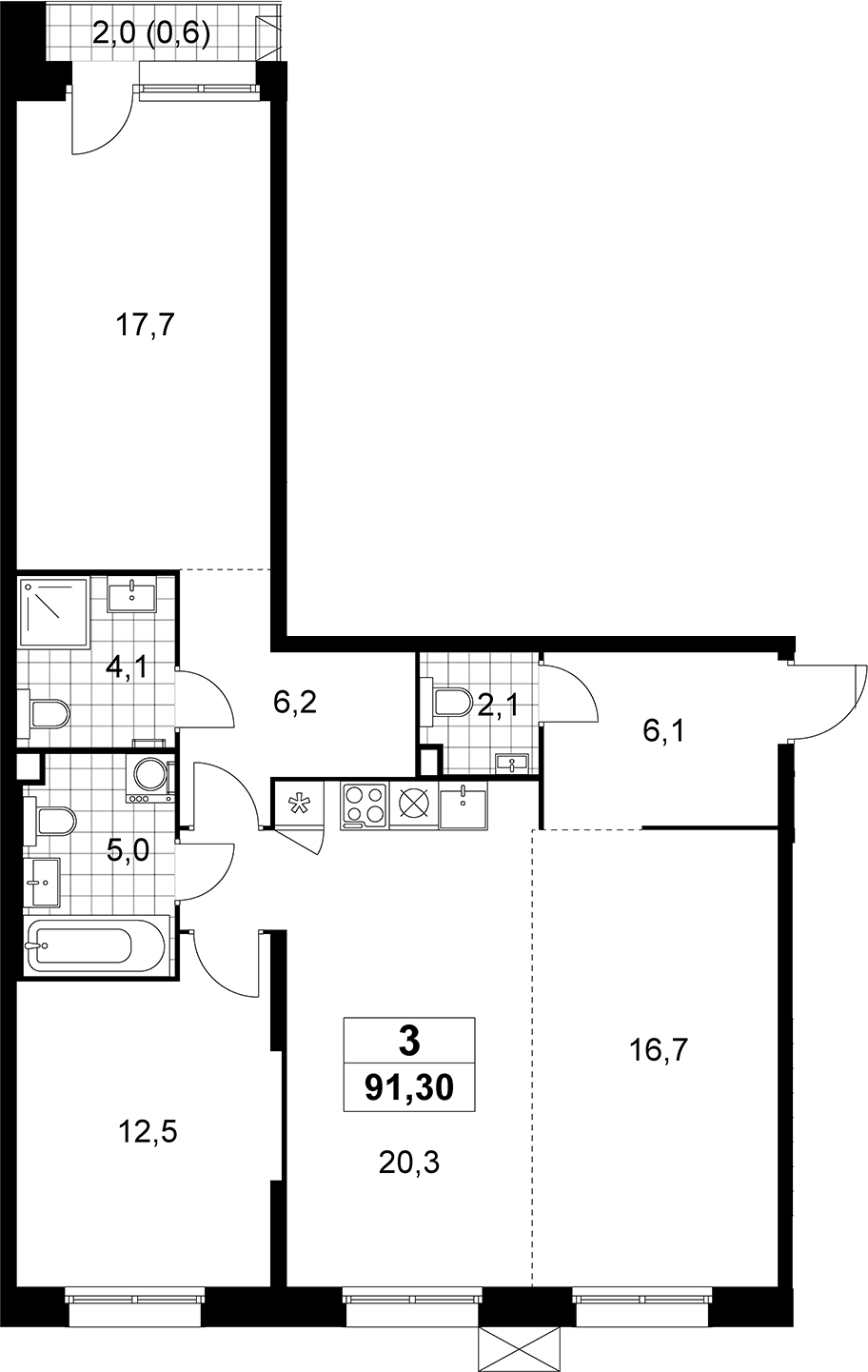 3-комн., 90.7 м², 2/8 этаж, ЖК «Дзен-кварталы»