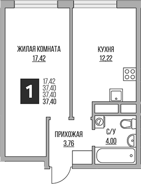 1-комн., 37.4 м², 2/14 этаж, ЖК «Гранель Притяжение Сити»