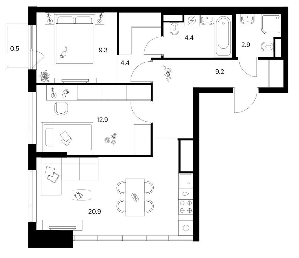 2-комн., 64 м², 14/16 этаж, ЖК «Бунинская набережная»