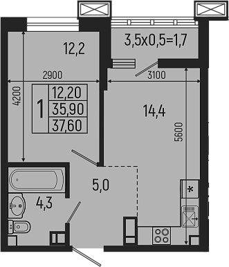 2-комн. квартира, 35.9 м² в ЖК Звезды — фото 2