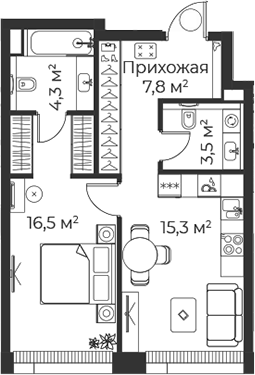 1-комн., 47.4 м², 23/38 этаж, ЖК «Веер»