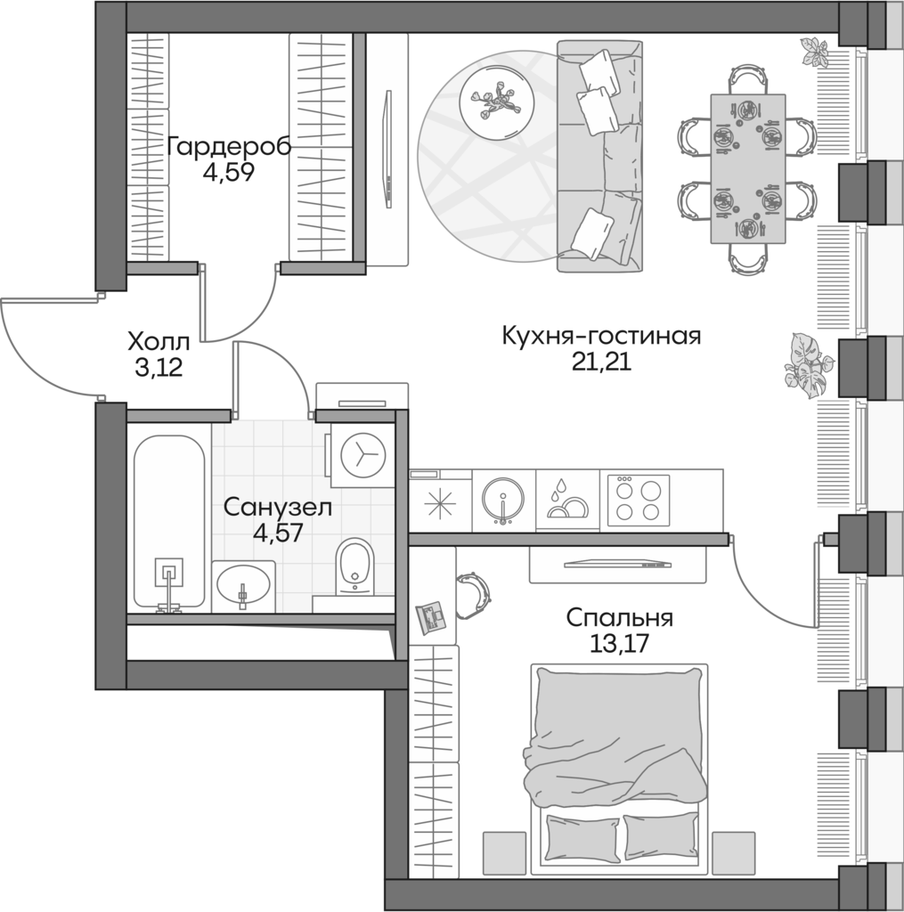 2-комн., 45.6 м², 8/16 этаж, ЖК «Инсайдер»