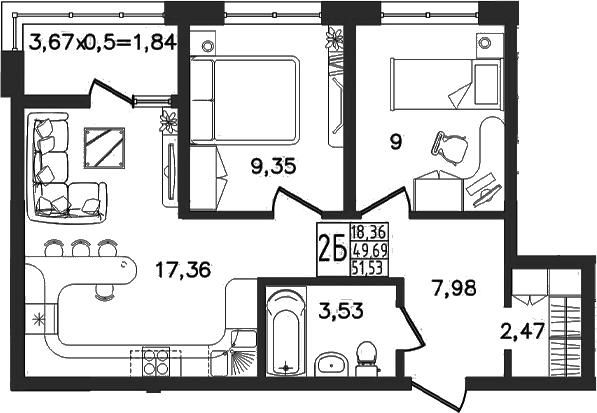 3-комн. квартира, 49.69 м² в ЖК Яблоневый — фото 2