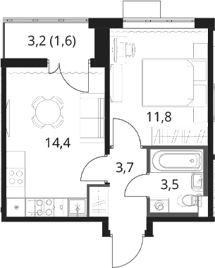 1-комн., 33.4 м², 3/16 этаж, ЖК «1-й Шереметьевский»