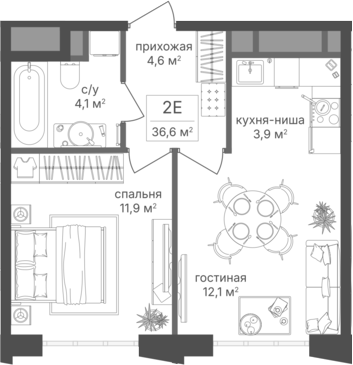 2-комн., 36.6 м², 13/15 этаж, ЖК «Михалковский»