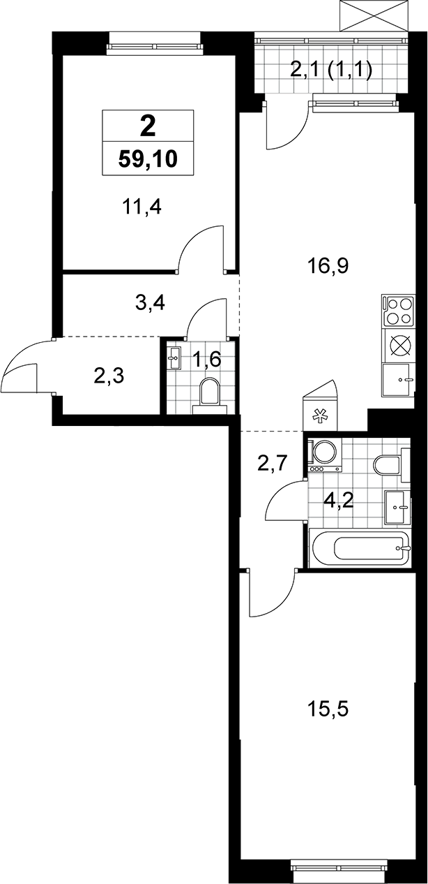 3-комн., 58 м², 3/15 этаж, ЖК «Прокшино»