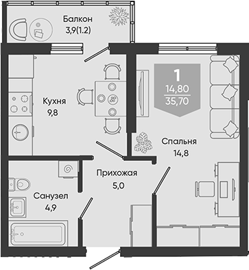 1-комн. квартира, 34.5 м² в ЖК Облака — фото 2