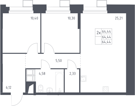 3-комн., 64.44 м², 23/23 этаж, ЖК «Тропарево Парк»