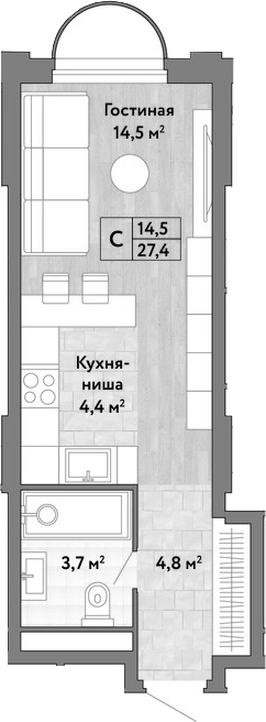 Студия, 27.4 м², 9/30 этаж, ЖК «Новые Смыслы»