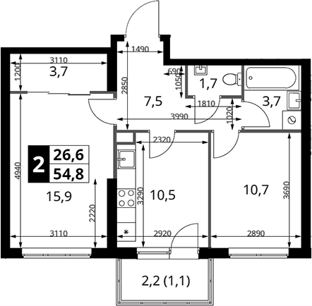 2-комн., 53.7 м², 2/25 этаж, ЖК «1-й Измайловский»
