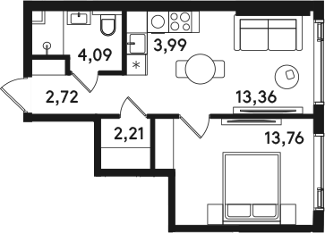 2-комн., 40.13 м², 28/41 этаж, ЖК «СОЛОС»