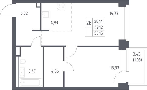 2-комн., 49.12 м², 7/32 этаж, ЖК «НОВА»