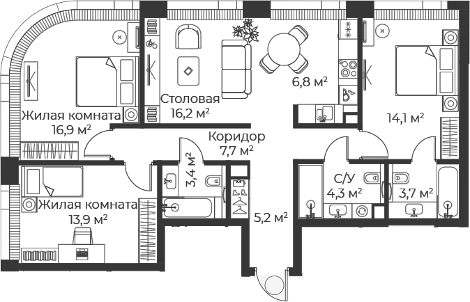 4+ комнаты, 92.2 м², 18/25 этаж, ЖК «Веер»