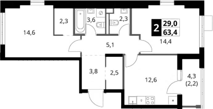 2-комн., 61.2 м², 13/18 этаж, ЖК «1-й Ясеневский»