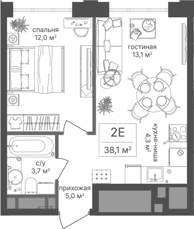 2-комн., 38.1 м², 4/20 этаж, ЖК «Михалковский»