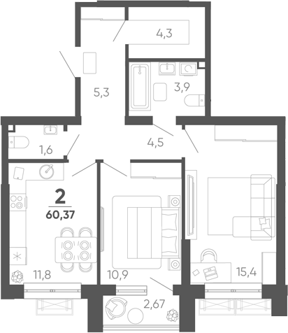 2-комн. квартира, 57.7 м² в ЖК Барса — фото 2