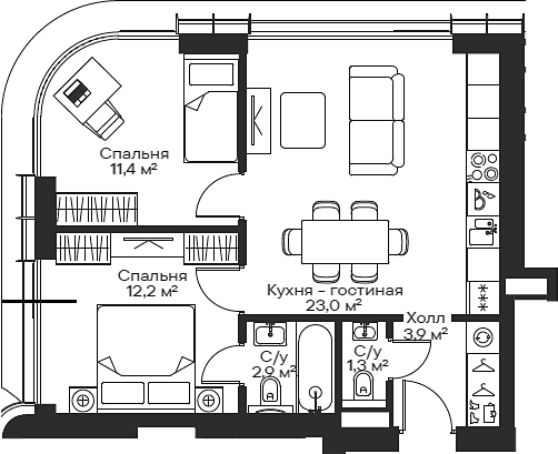 3-комн., 53.41 м², 27/54 этаж, ЖК «Сити Бэй»