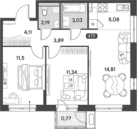 3-комн., 55.95 м², 13/21 этаж, ЖК «Космопарк»