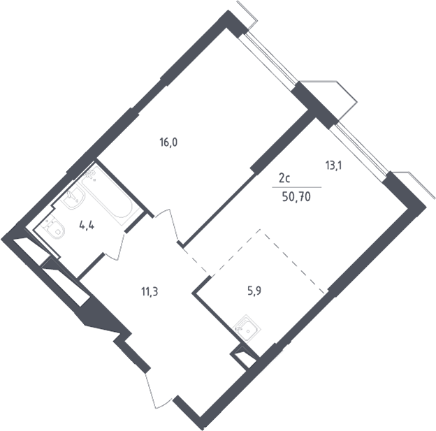 2-комн., 50.7 м², 24/30 этаж, ЖК «Скай Спутник»