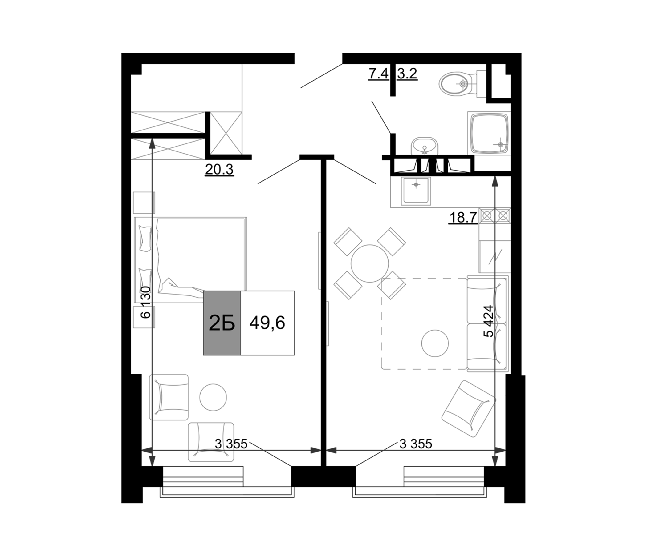 2-комн., 49.6 м², 3/9 этаж, ЖК «Гостиничный комплекс Мореград»