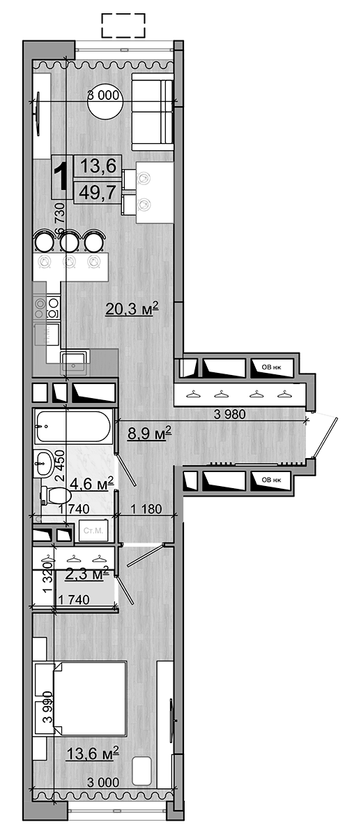 2-комн., 49.7 м², 2/18 этаж, ЖК «Гранд Комфорт»