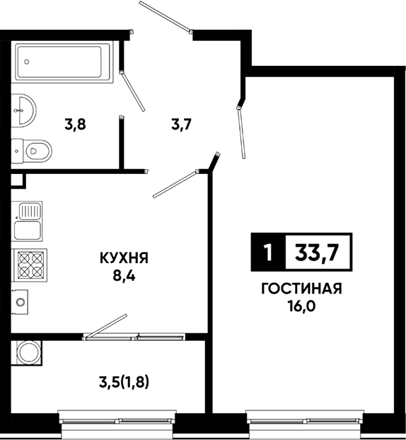 1-комн., 31.9 м², 1/9 этаж, ЖК «Резиденция Софи»