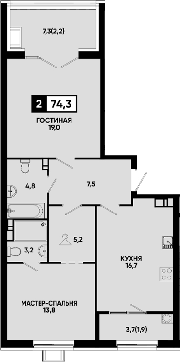2-комн., 70.2 м², 2/9 этаж, ЖК «Квартал на курорте Моя Легенда»