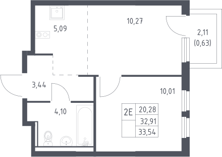 2-комн., 32.91 м², 15/17 этаж, ЖК «Пригород Лесное»