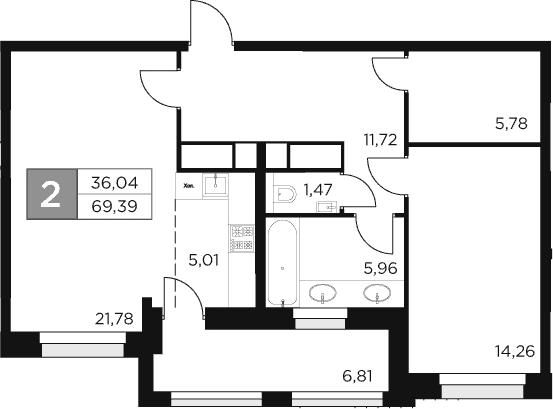 2-комн., 65.98 м², 1/15 этаж, ЖК «Восток 2»
