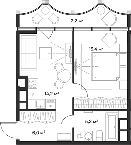 2-комн., 40.9 м², 19/23 этаж, ЖК «Союз»