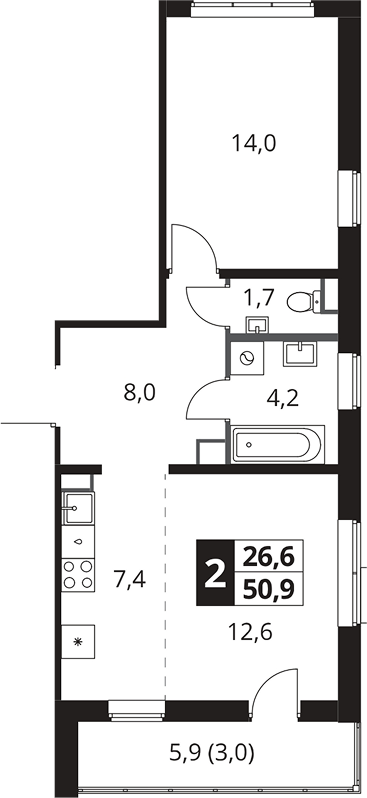 2-комн., 47.9 м², 11/25 этаж, ЖК «1-й Южный»