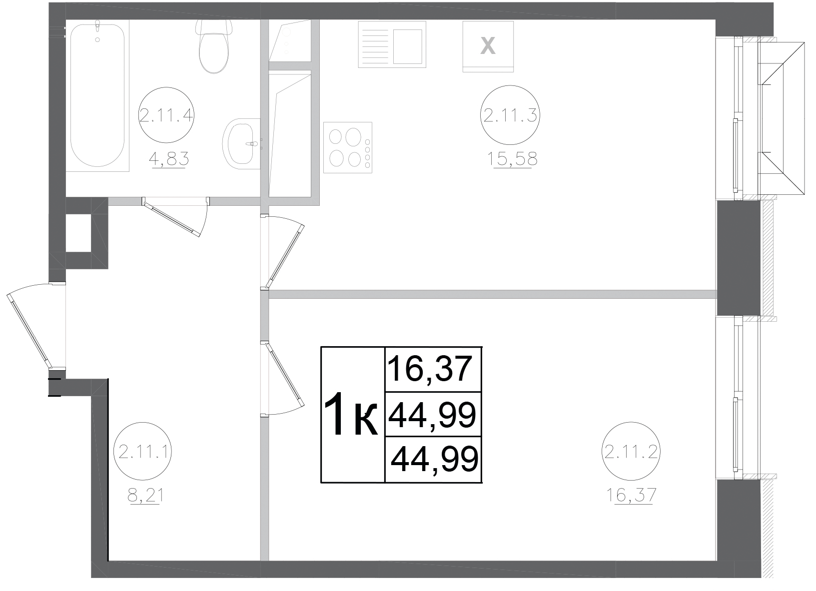 1-комн., 44.99 м², 13/17 этаж, ЖК «Авиатор-2»