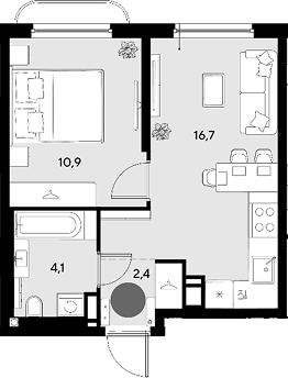 2-комн., 34.1 м², 4/9 этаж, ЖК «Грейд»