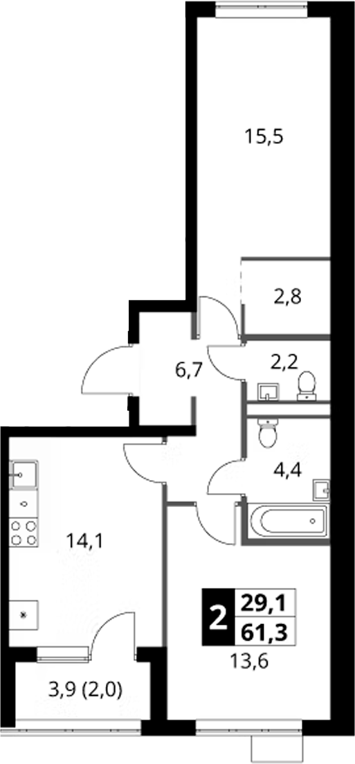 2-комн., 59.3 м², 14/16 этаж, ЖК «1-й Ясеневский»
