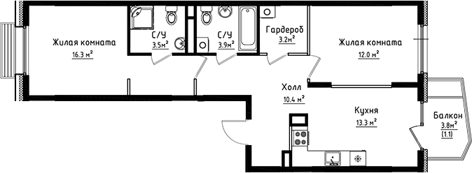 2-комн., 62.6 м², 6/8 этаж, ЖК «Коллекция»