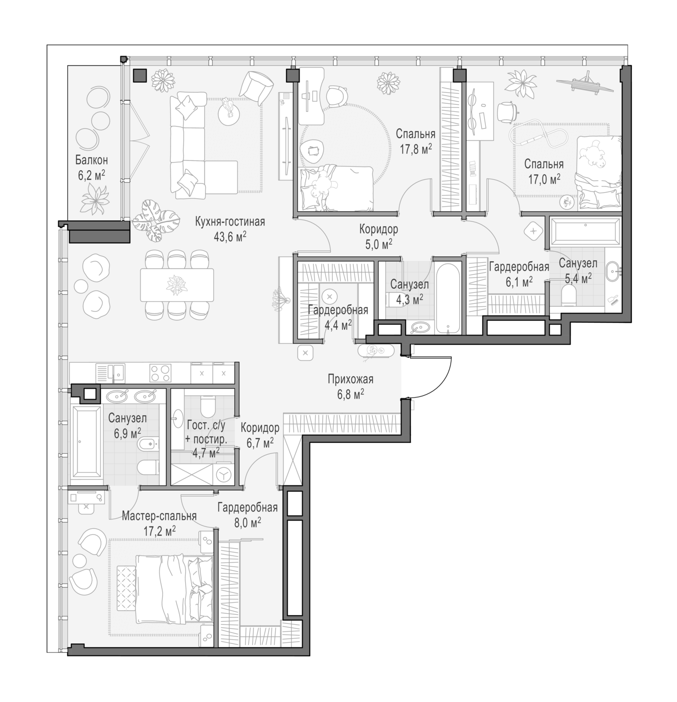 4+ комнаты, 156.5 м², 8/9 этаж, ЖК «Клубный квартал Фрунзенский»