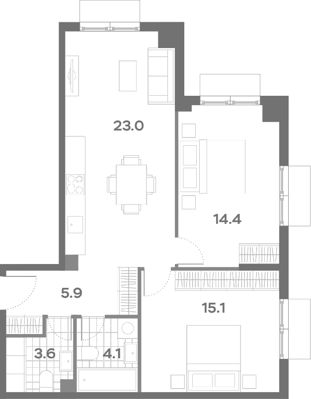 3-комн., 66.1 м², 22/22 этаж, ЖК «ПаркСайд»