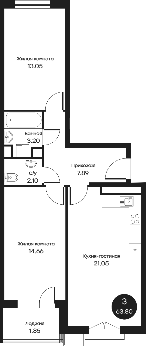 3-комн., 61.75 м², 4/4 этаж, ЖК «Равновесие»