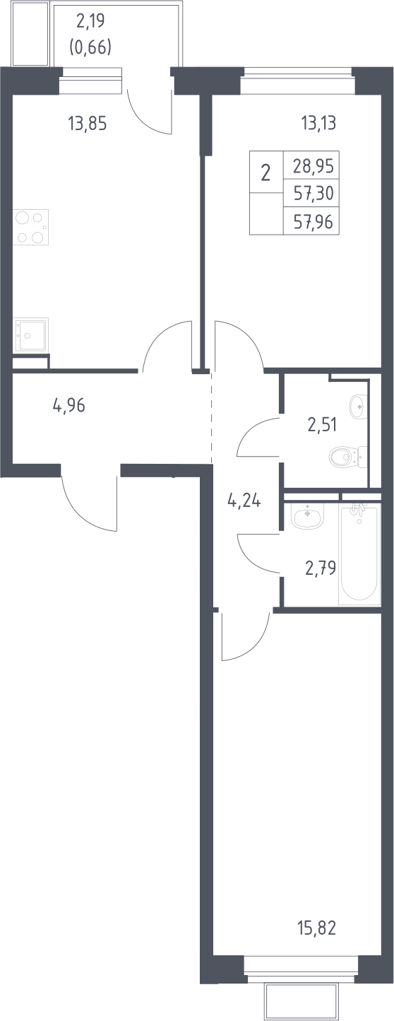 2-комн., 57.3 м², 12/12 этаж, ЖК «Новое Видное»