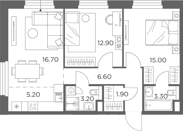 3-комн., 64.8 м², 16/20 этаж, ЖК «Белый Град»