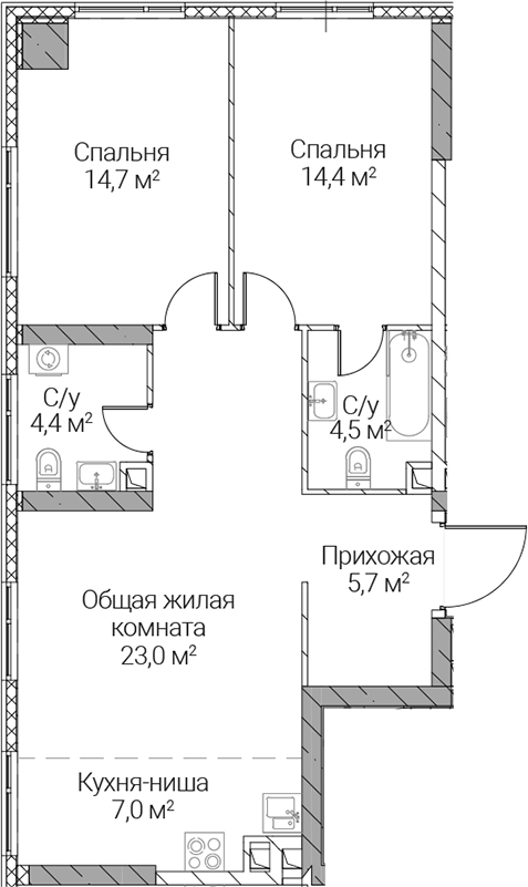 3-комн., 73.7 м², 27/36 этаж, ЖК «СЕЗАР СИЛИКА»