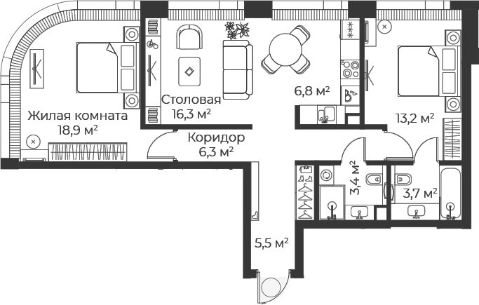 3-комн., 74.1 м², 6/25 этаж, ЖК «Веер»
