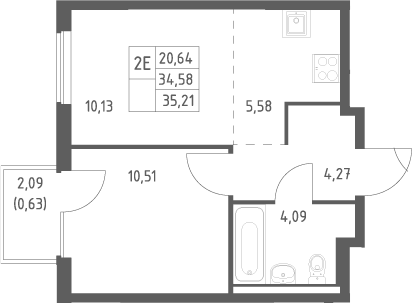 2-комн., 34.58 м², 3/17 этаж, ЖК «Горки Парк»