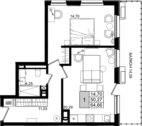 2-комн. квартира, 49.06 м² в ЖК IT гостиничный комплекс Корсаков — фото 2
